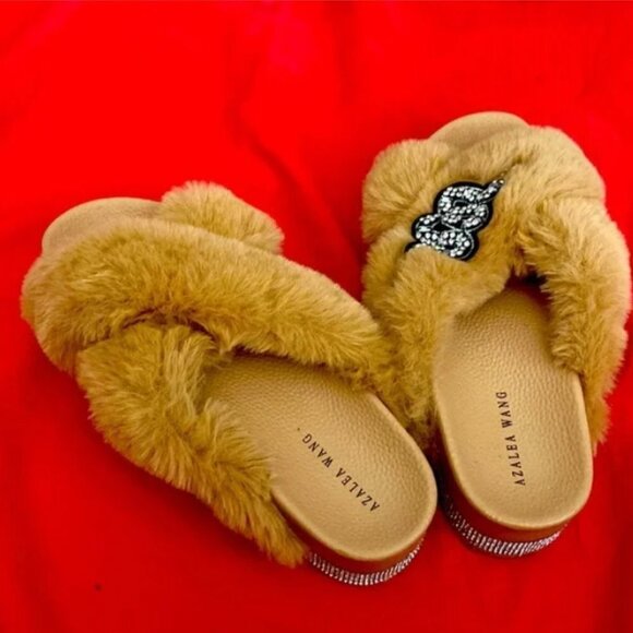 AZALEA WANG Sneaky Slippers faux fur snake rhinestone bling slides tan 7 - Picture 2 of 14